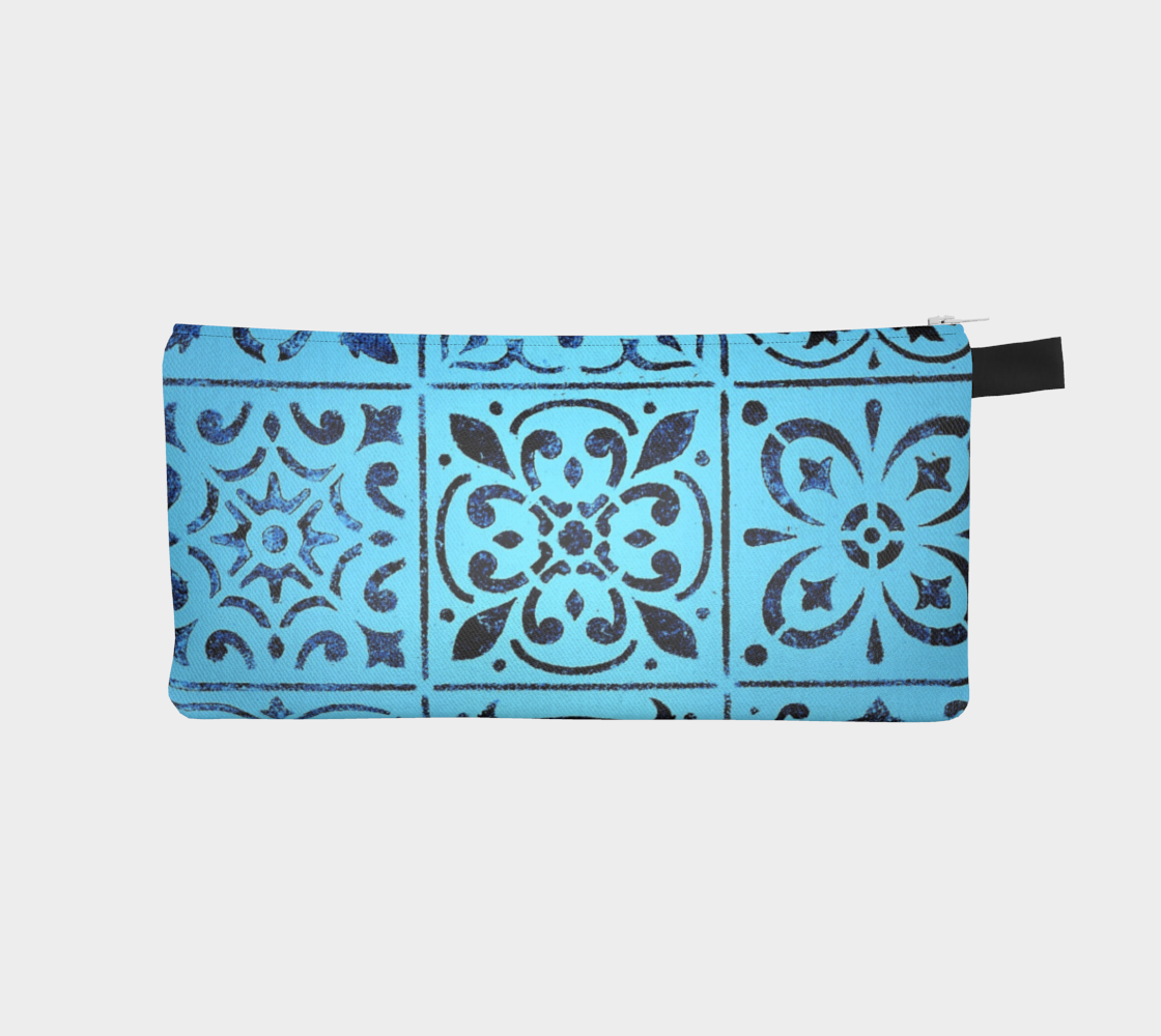 Pencil Case * Blue Moroccan Tile Print Small Makeup Pouch * Geometric Abstract Design Cosmetics Bag preview