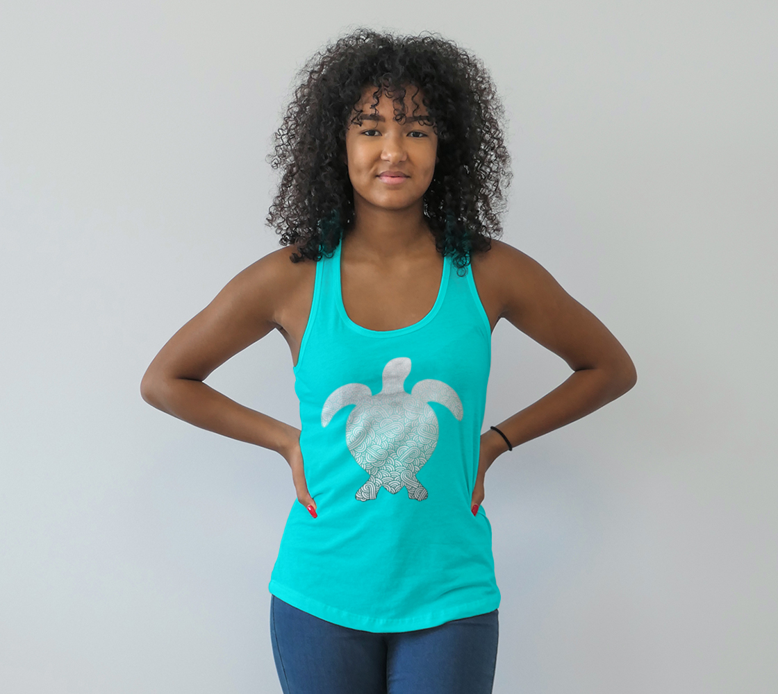 Gradient teal blue and white swirls doodles sea turtle Racerback Tank Top preview
