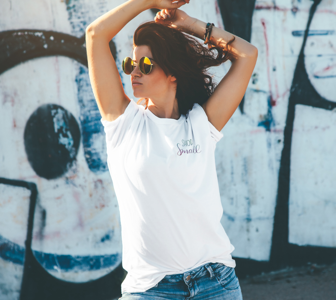 Shop Small - white unisex tee with multicolour lettering preview #4