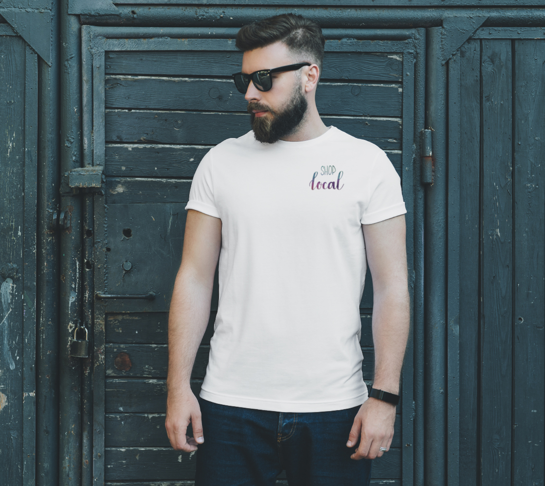 Shop Local - white unisex tee with multicolour lettering preview #2