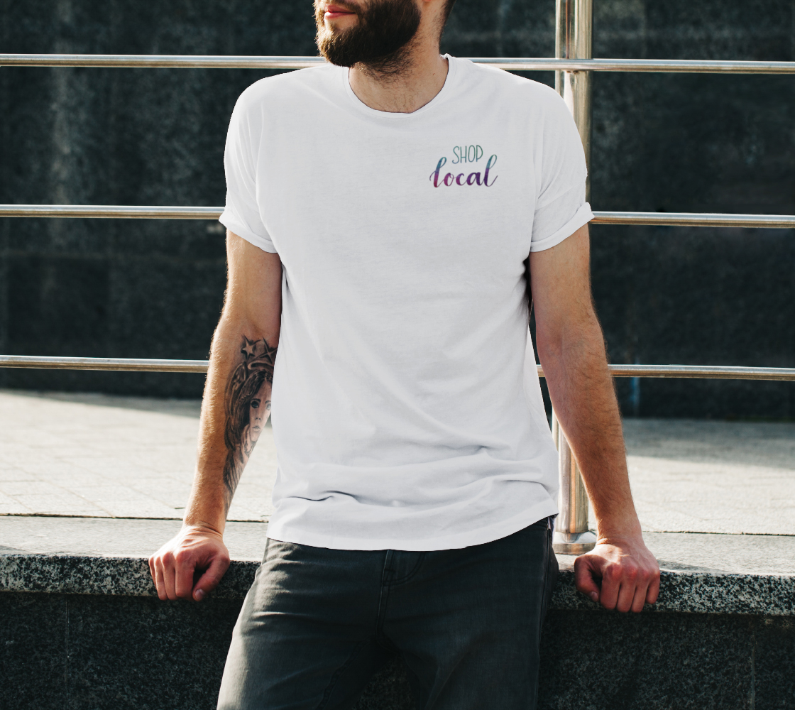 Shop Local - white unisex tee with multicolour lettering preview #3