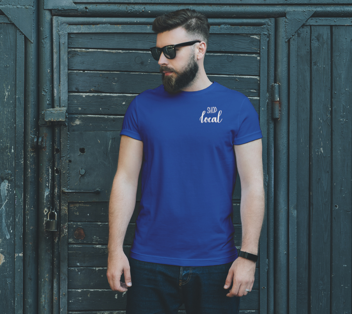Shop Local - dark unisex tee, white lettering (sample: blue) preview #2