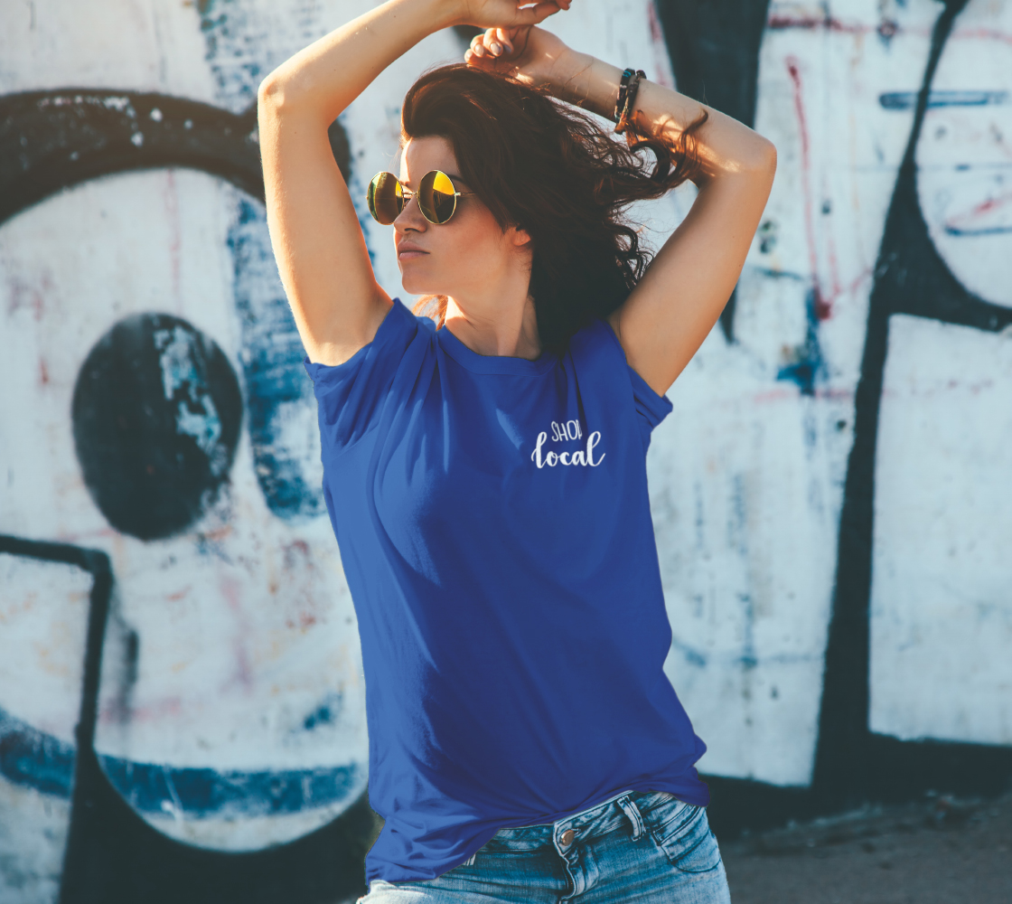 Shop Local - dark unisex tee, white lettering (sample: blue) preview #4