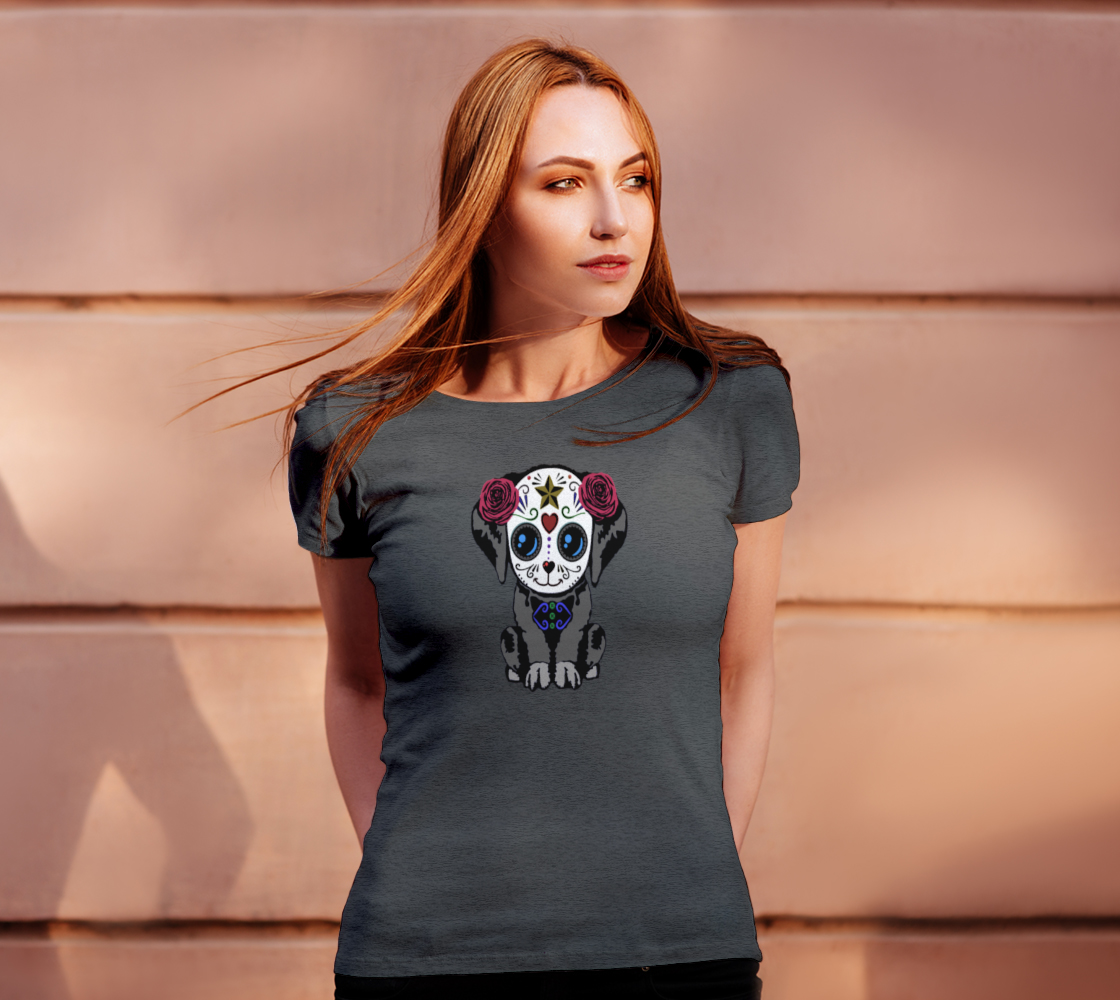Sugar Skull Puppy Fitted T-Shirts For Women preview #4
