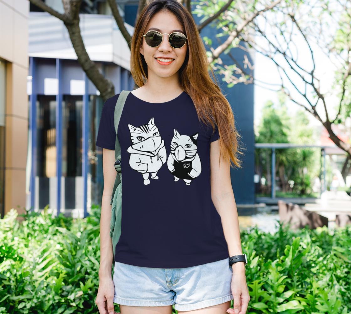 Cool Cats Line Drawing Wearing Face Masks Women's Tee, AOWSGD preview
