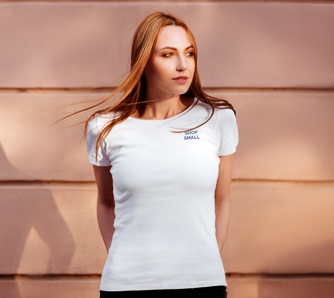 Shop Small - white tee, multicolour text preview #4