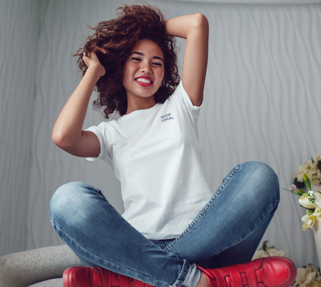 Shop Local - white tee, multicolour text preview #3