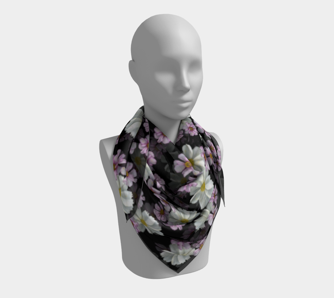 Aperçu 3D de Square Scarf * Abstract Floral Pink Black Silk Scarves * Pink Purple White Cosmos Blossoms