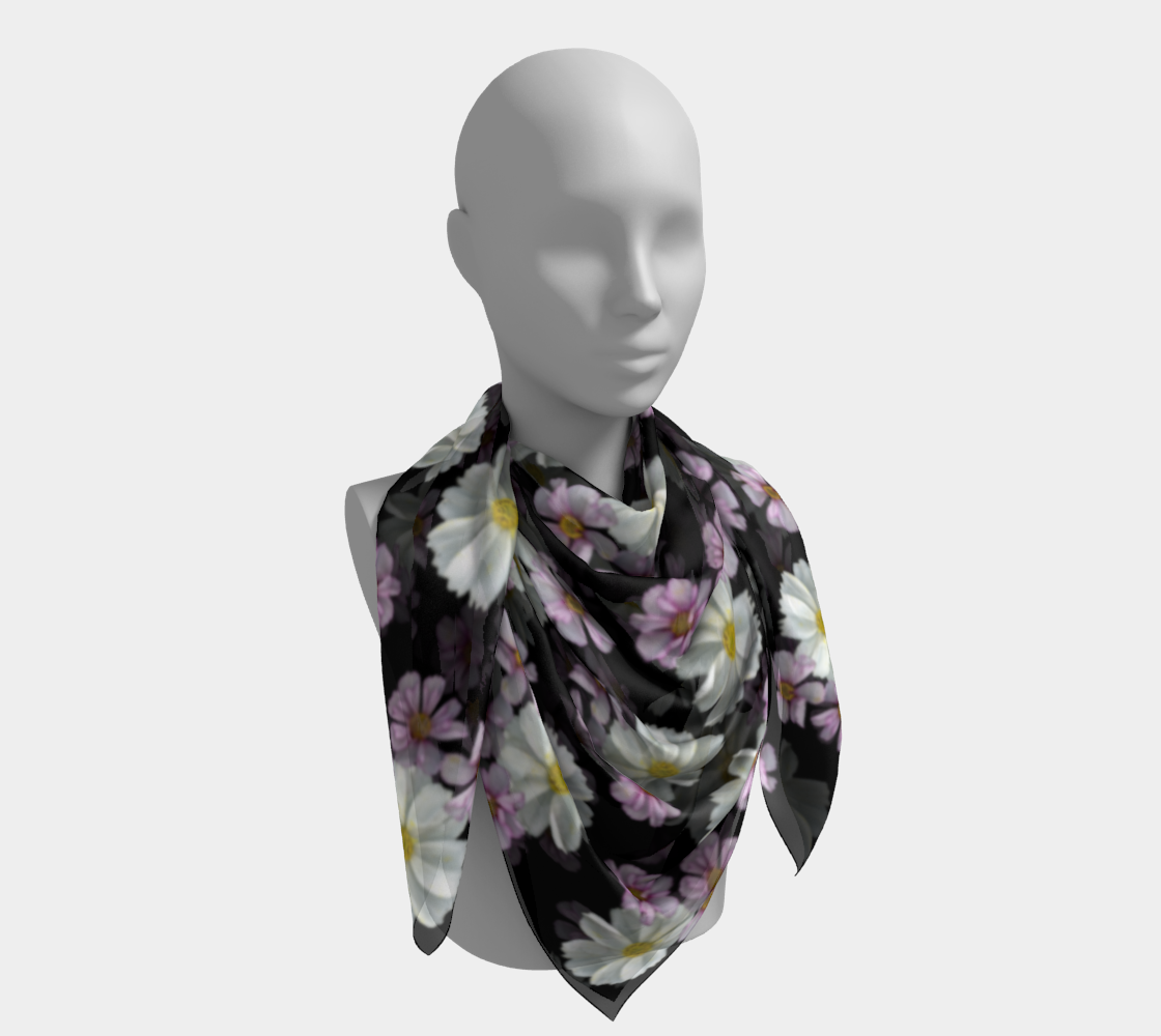 Aperçu de Square Scarf * Abstract Floral Pink Black Silk Scarves * Pink Purple White Cosmos Blossoms #4