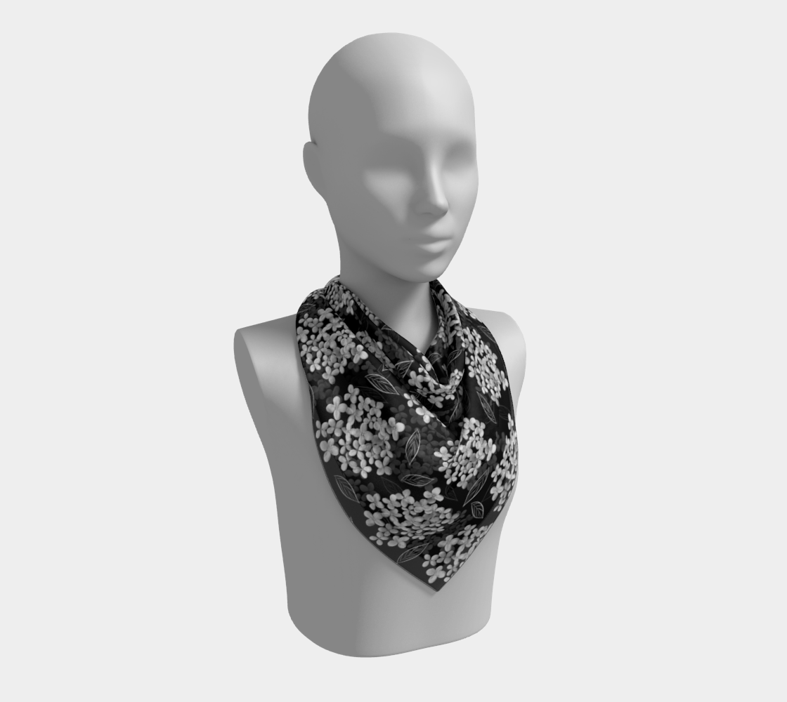 Square Scarf * Abstract Floral Silk Scarves *  White Hydrangea on Black * Pristine Miniature #3