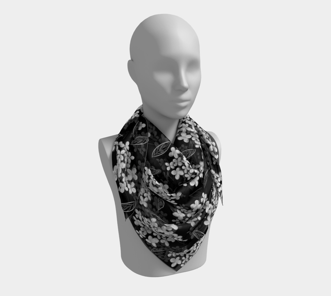 Aperçu 3D de Square Scarf * Abstract Floral Silk Scarves *  White Hydrangea on Black * Pristine
