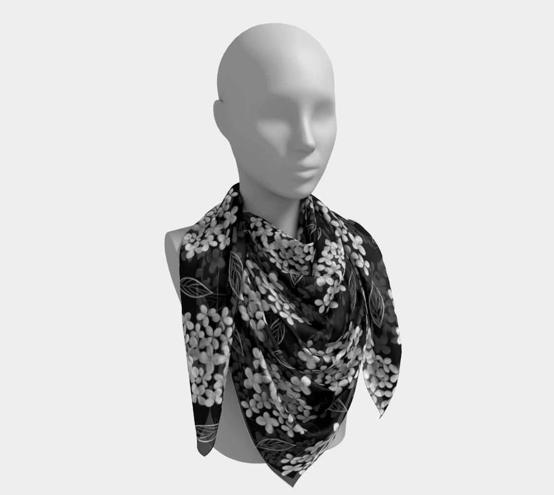 Aperçu de Square Scarf * Abstract Floral Silk Scarves *  White Hydrangea on Black * Pristine #4