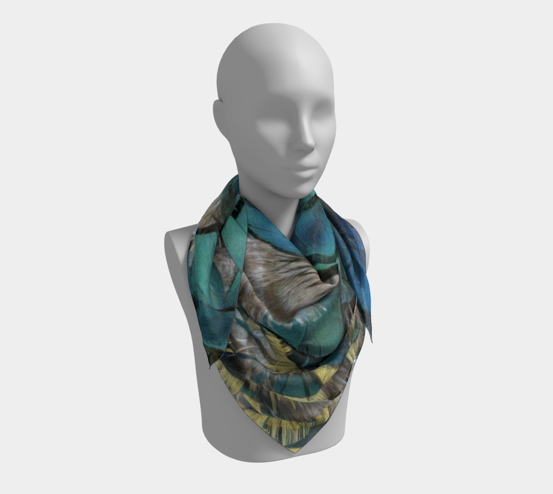 Aperçu 3D de Square Scarf * Blue Grey Yellow Pheasant Feathers on Silk or Poly Scarves