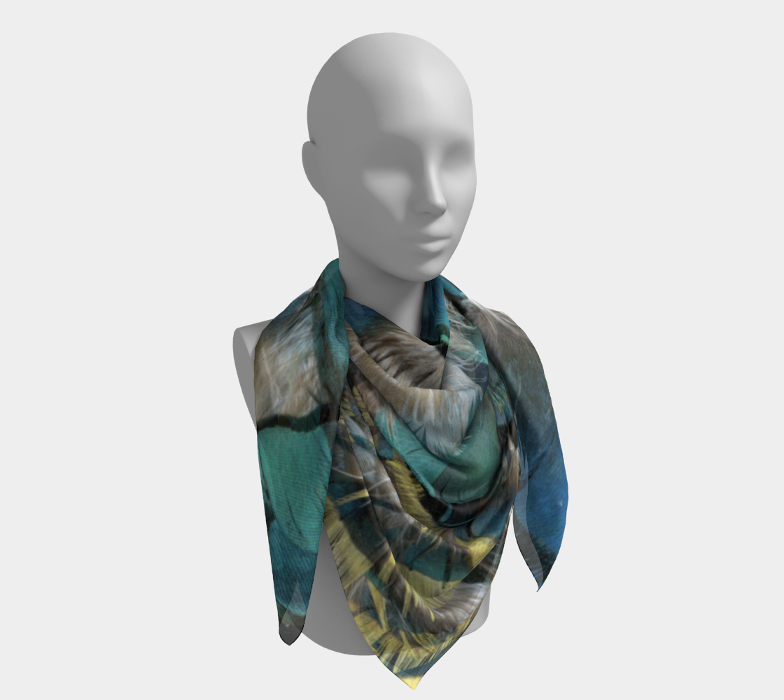 Square Scarf * Blue Grey Yellow Pheasant Feathers on Silk or Poly Scarves Miniature #5