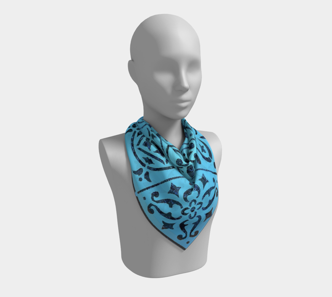 Aperçu de Square Scarf * Blue Moroccan Tile Print Silk or Poly Scarves * Geometric Abstract Design Neck Scarf for Women #2