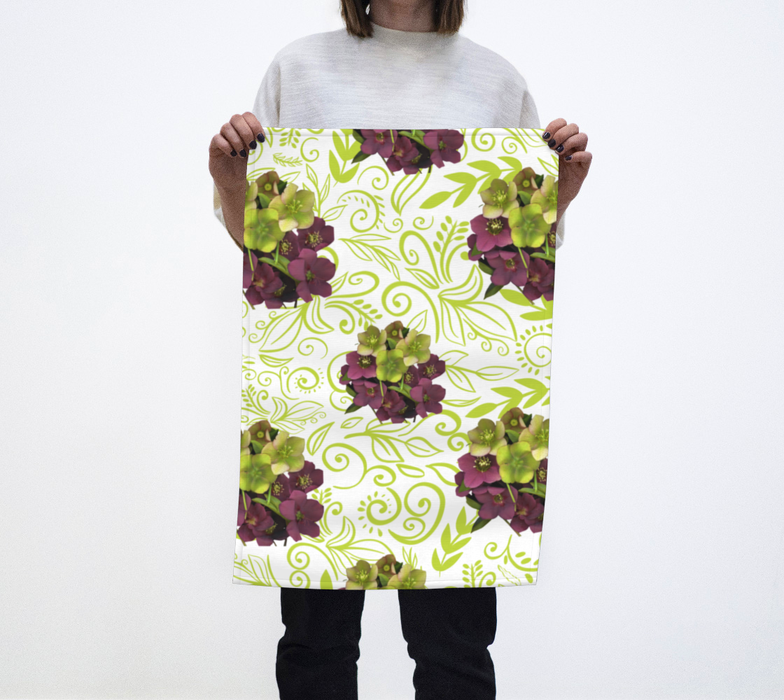 Tea Towel * Green and Purple Floral Kitchen Linens * Hellebore Bouquet Green preview
