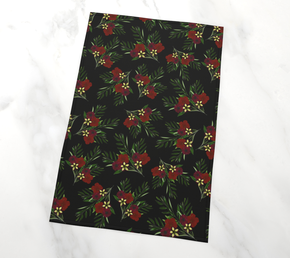 Tea Towel * Red Green Floral Holiday Kitchen Linens * Flowered Hand Towel * Red Petunia w/Greenery thumbnail #3