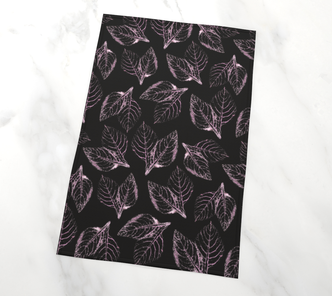 Aperçu de Tea Towel * Abstract Pink Floral Kitchen Linens * Amaranth Leaves Pink Black Watercolor Impressions #2