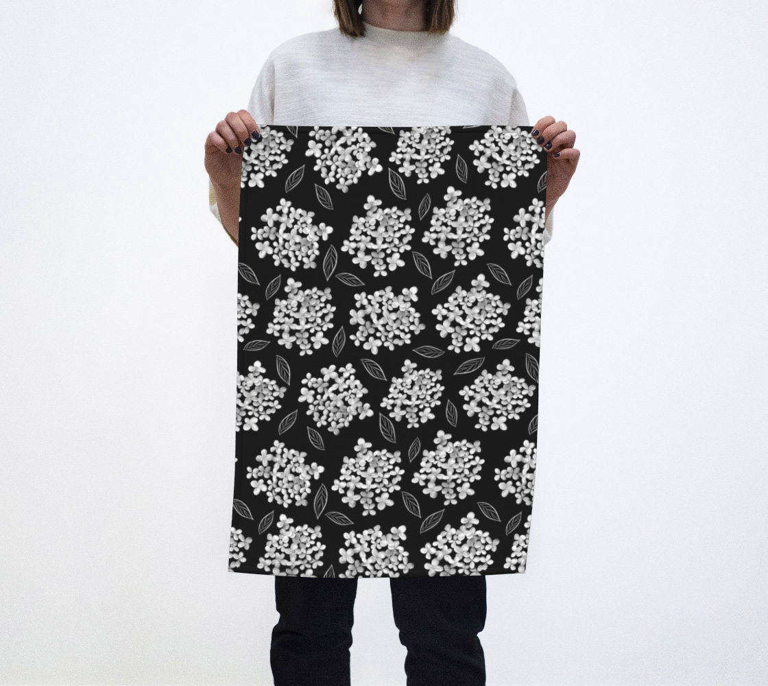 Aperçu de Tea Towel * Abstract Floral Kitchen Linens * White Hydrangea Blossoms on Black