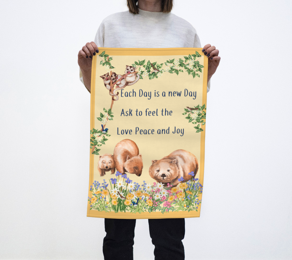 Tea Towel Positive Affirmation and Cute Australian Animals and Wildflowers on Yellow preview