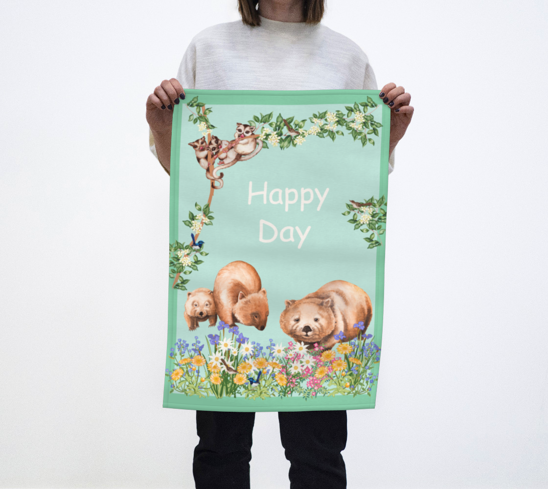 Tea Towel Australian animals and wildflowers and Happy Day affirmation on mint green preview