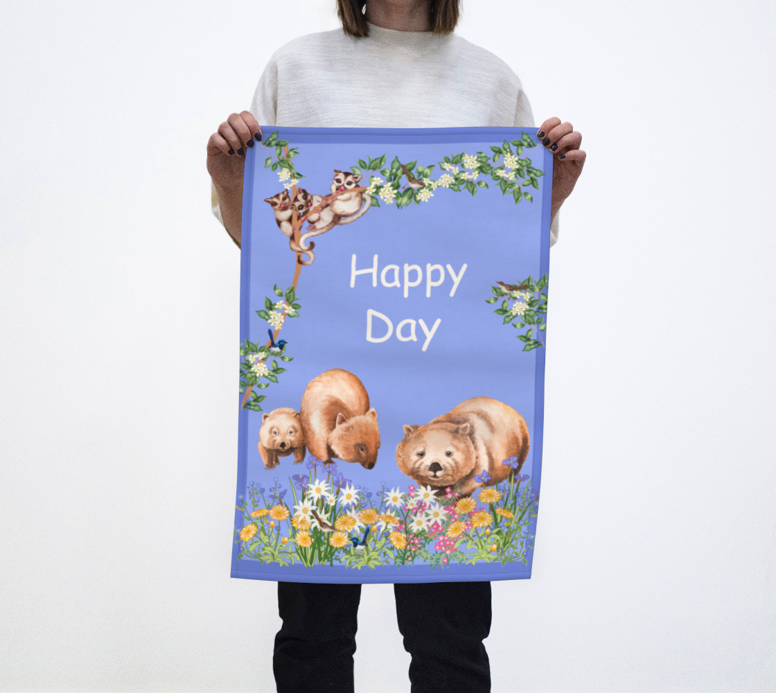Tea Towel Australian animals and wildflowers and Happy Day affirmation on blue violet preview