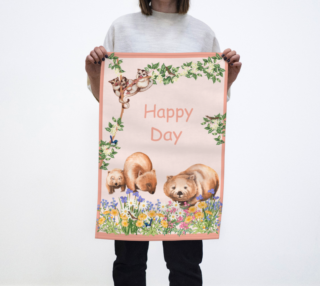 Tea Towel Australian animals and wildflowers and Happy Day affirmation on light terra cotta preview