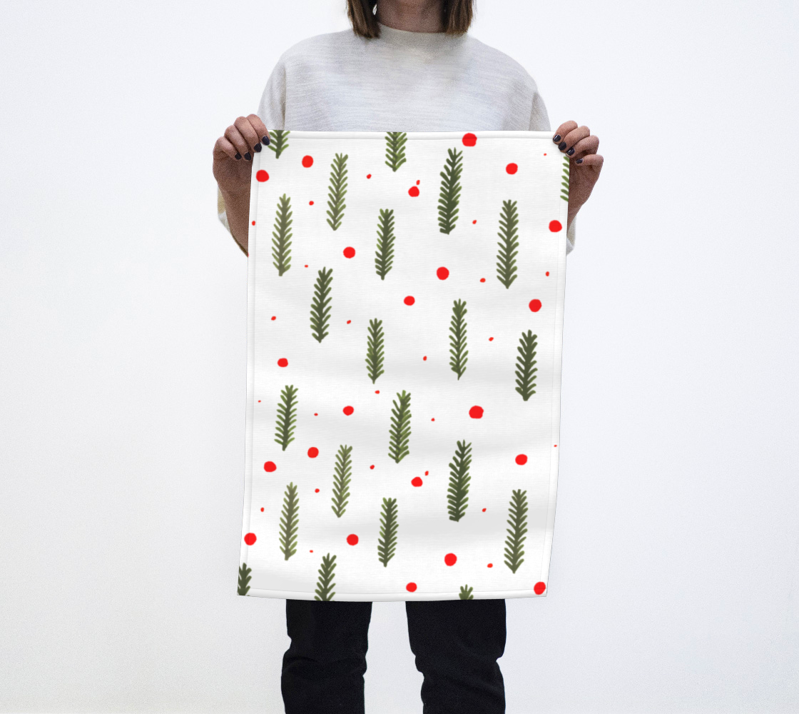 Olive green Christmas branches and berries tea towel preview