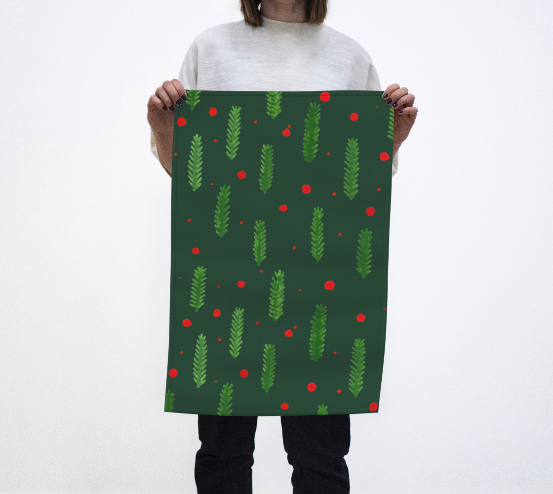 Green Christmas branches and berries tea towel preview