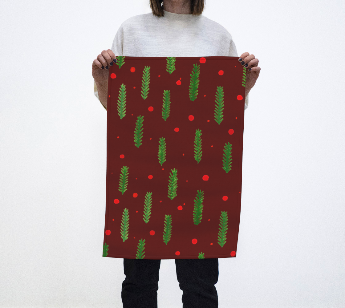 Burgundy Christmas branches and berries tea towel preview