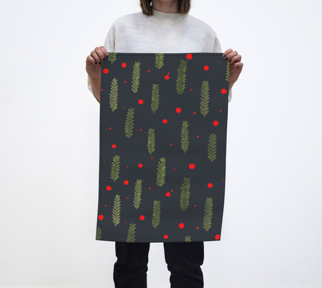 Christmas branches and dots - dark blue tea towel preview