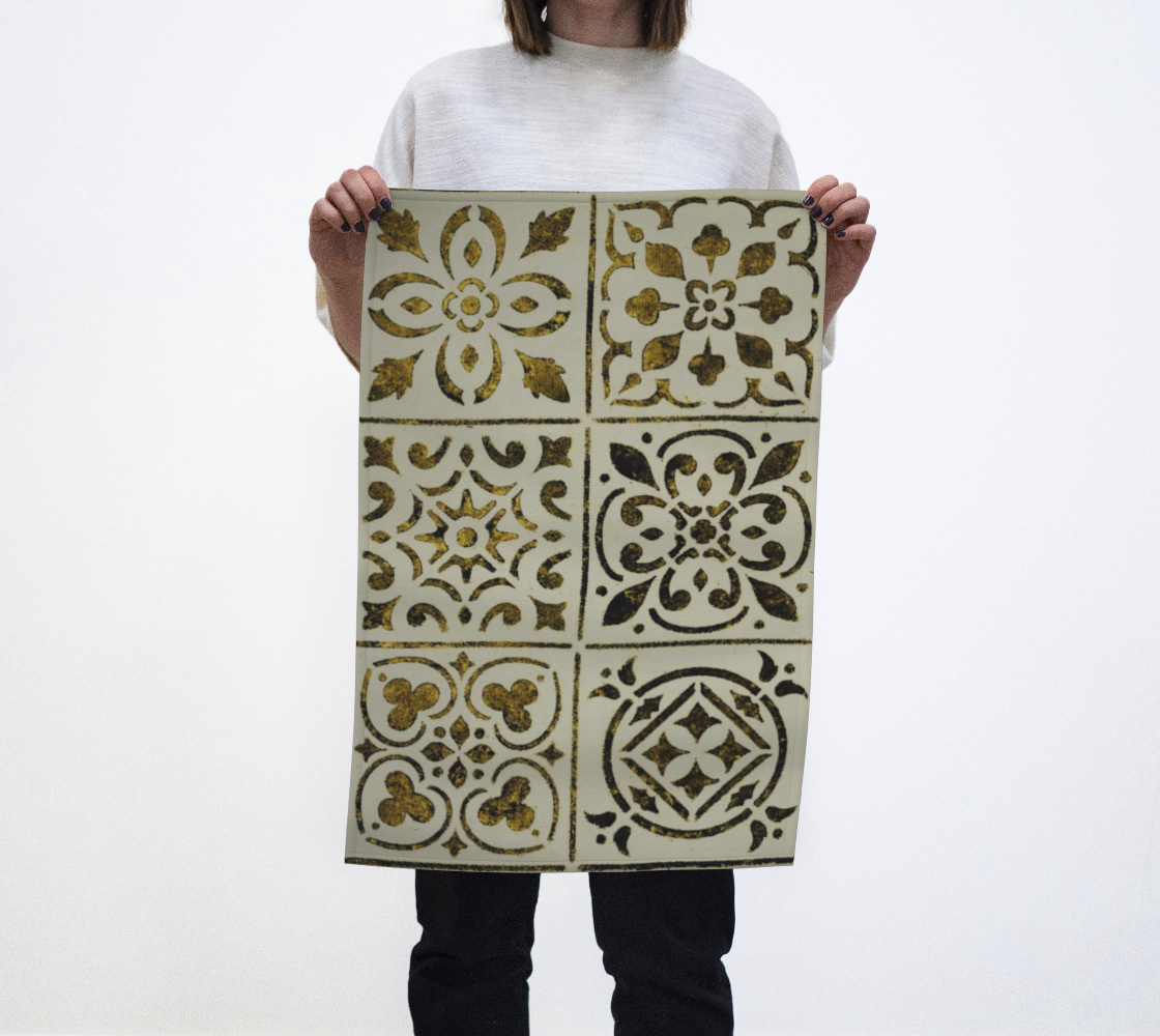 Tea Towel * Abstract Floral Kitchen Linens * Golden Moroccan Tile Design preview #1