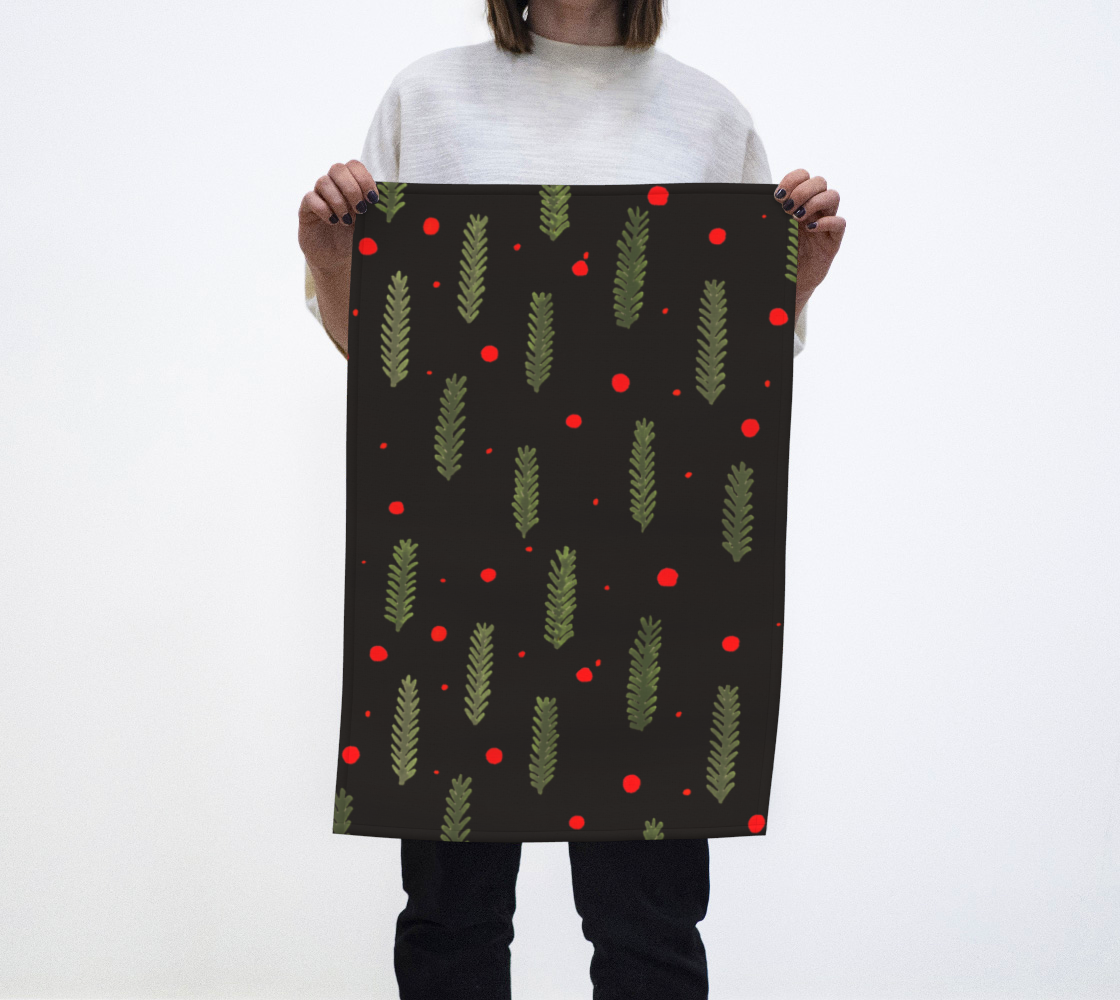 Christmas branches and dots - black tea towel preview
