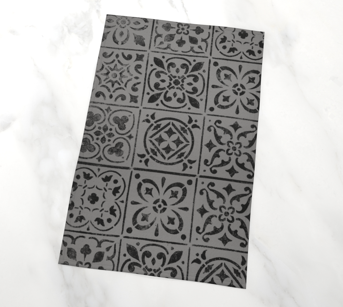 Tea Towel * Abstract Floral Kitchen Linens * Gray Black Geometric Moroccan Tile Design Kitchen Linens preview #2