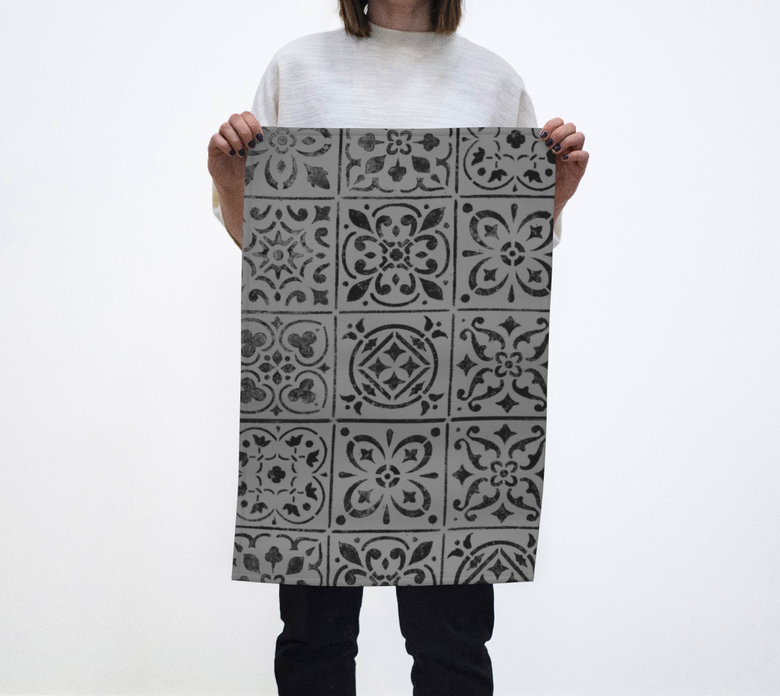 Tea Towel * Abstract Floral Kitchen Linens * Gray Black Geometric Moroccan Tile Design Kitchen Linens 3D preview