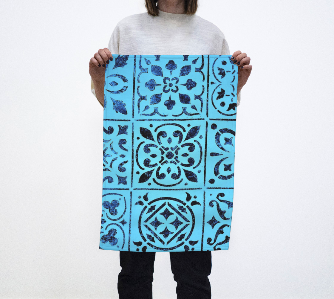 Aperçu de Tea Towel *Blue Abstract Geometric Moroccan Tile Print * Kitchen Linens