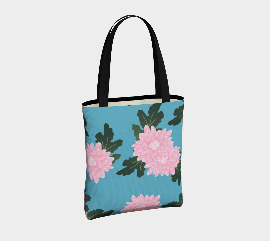 Floral Tote - Pink Flowers, Teal Background preview #4
