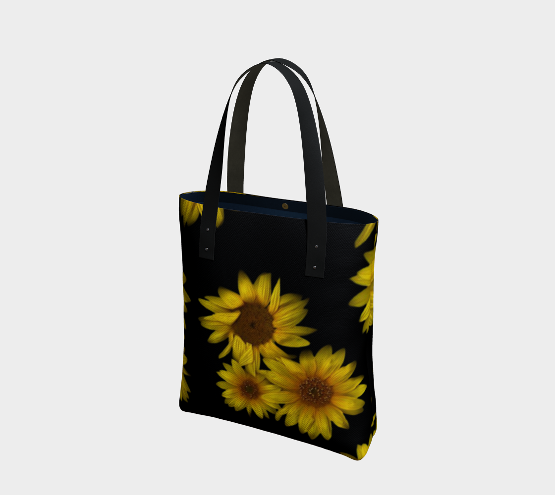 Aperçu de Tote Bag * Yellow Sunflowers on Black * Floral Shoulder Tote Lined or Unlined * Triple Sunflowers