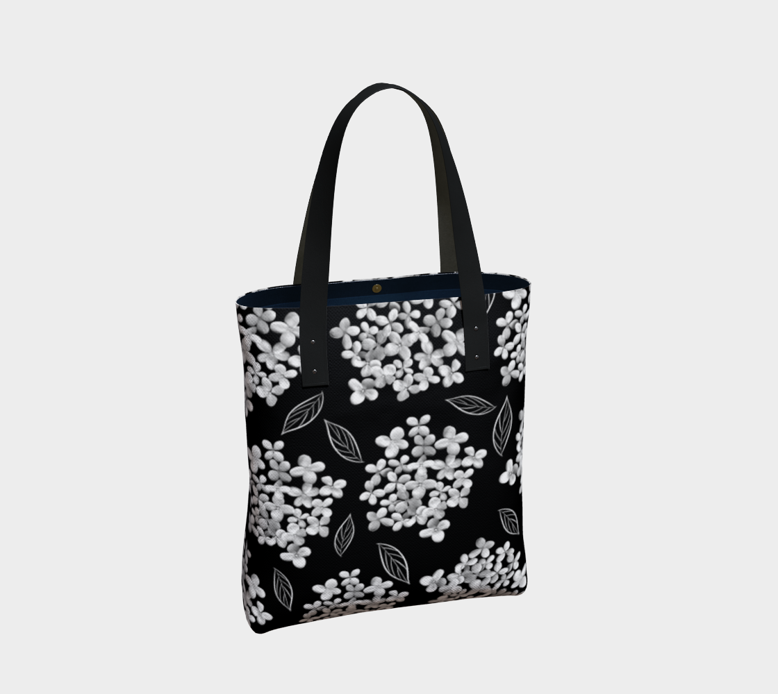 Tote Bag * Abstract Floral Shoulder Shopping Bag * Travel Tote Black * White Hydrangea on Black * Pristine Miniature #3
