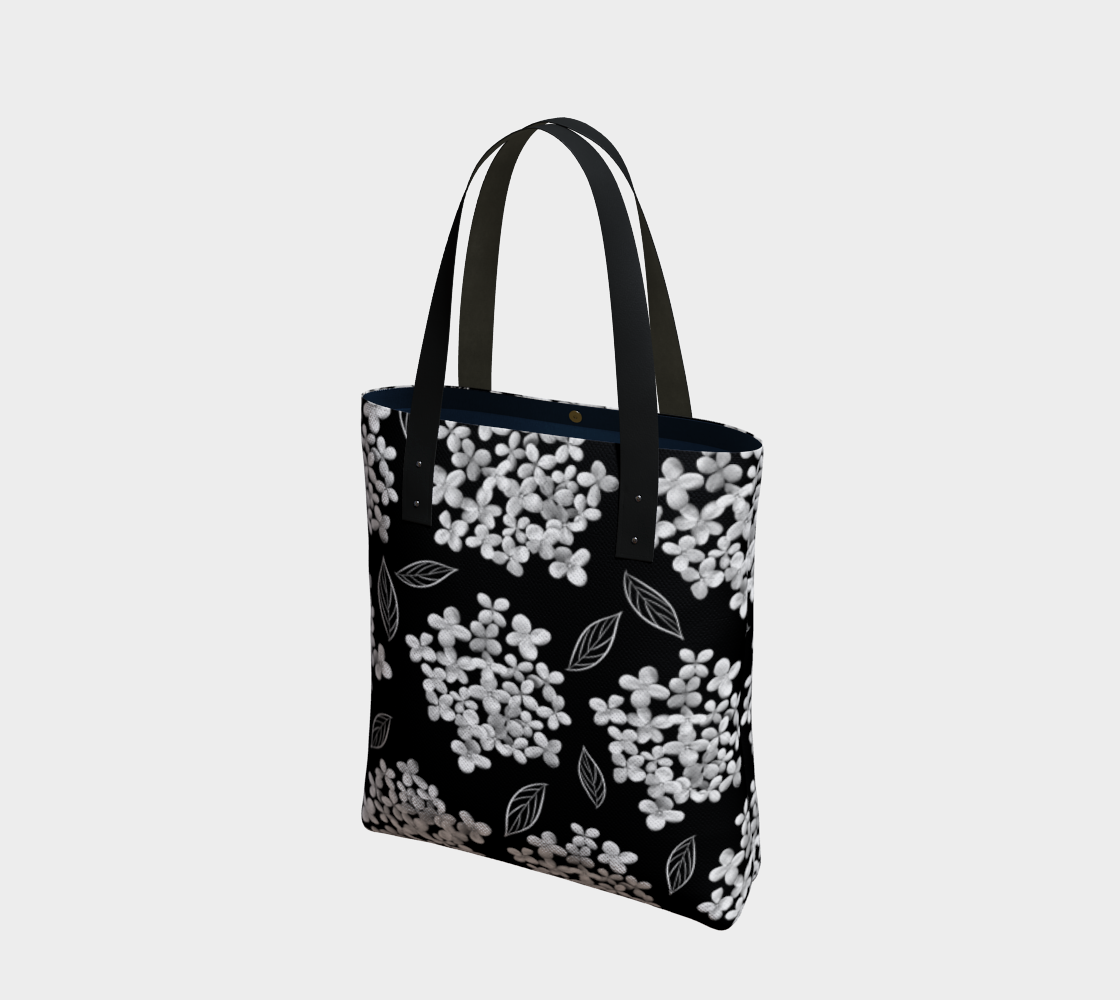 Aperçu 3D de Tote Bag * Abstract Floral Shoulder Shopping Bag * Travel Tote Black * White Hydrangea on Black * Pristine