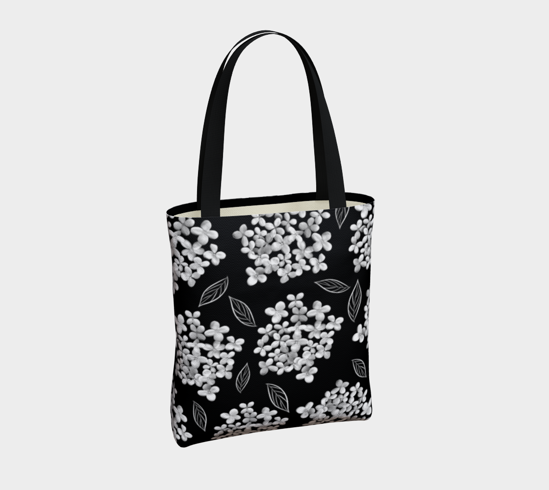 Tote Bag * Abstract Floral Shoulder Shopping Bag * Travel Tote Black * White Hydrangea on Black * Pristine Miniature #5