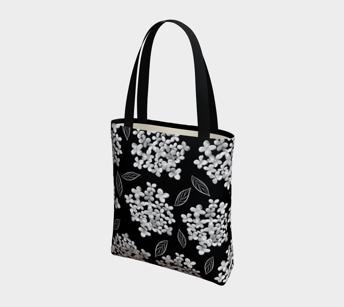 Tote Bag * Abstract Floral Shoulder Shopping Bag * Travel Tote Black * White Hydrangea on Black * Pristine Miniature #4