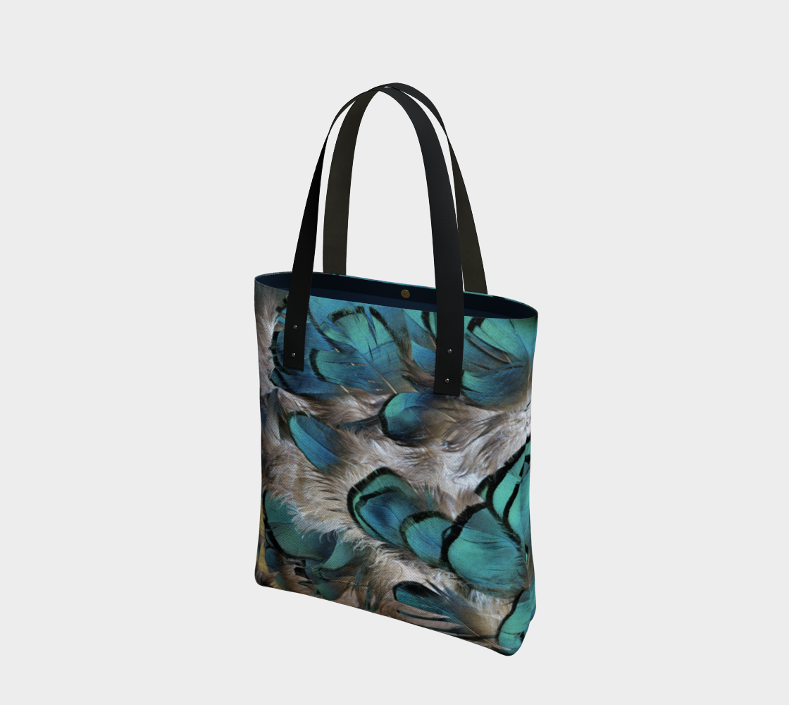 Tote Bag * Blue Grey Yellow Black Pheasant Feather Print Shoulder Tote preview