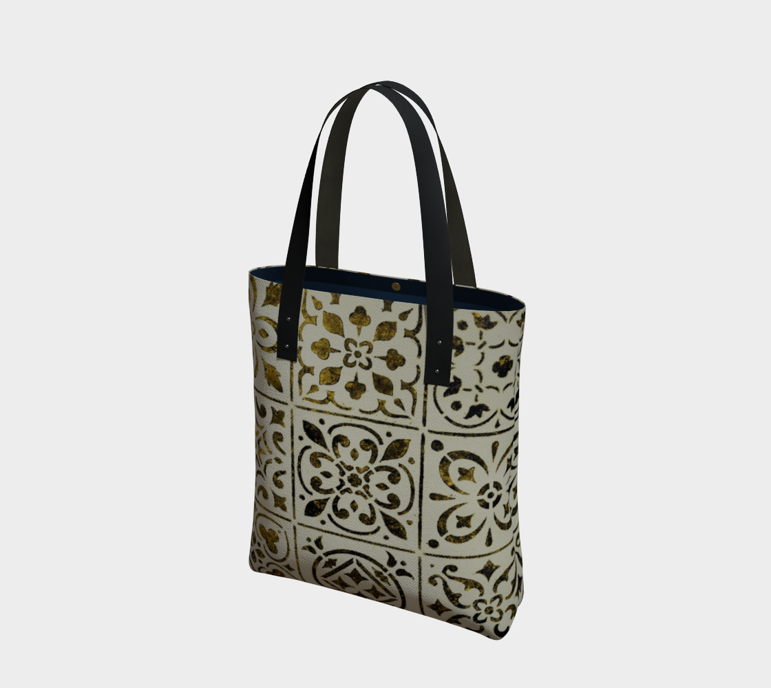 Tote Bag * Gold Black White Moroccan Tile Print Shoulder Tote * Geometric Design preview