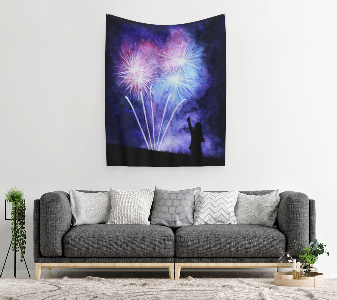 Blue and pink fireworks Wall Tapestry thumbnail #3