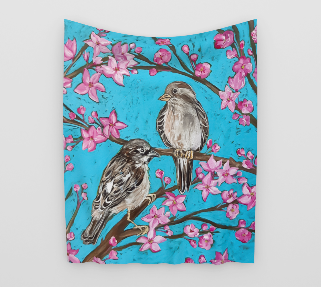 English Sparrows and Blossoms Wall Tapestry preview
