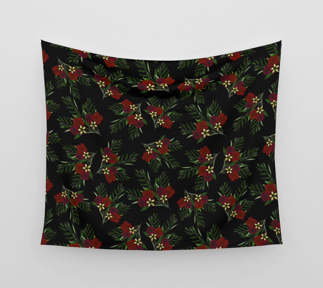Aperçu de Wall Tapestry *  Red Green Floral on Black Wall Hanging * Red Petunia Blossoms Greenery