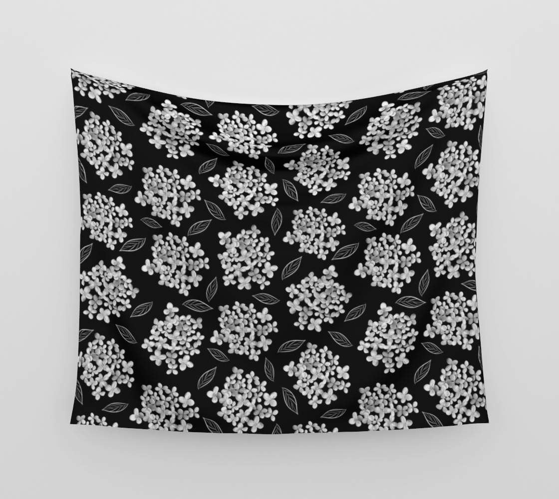 Wall Tapestry * Abstract Floral Wall Art * Pressed Flower Petals * White Hydrangea on Black * Pristine  preview