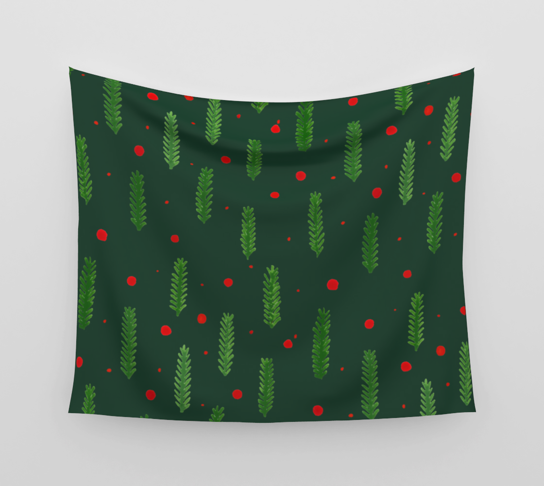 Green Christmas branches and berries wall tapestry preview
