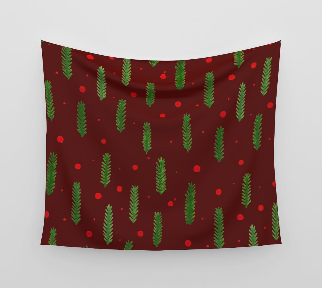 Burgundy Christmas branches and berries wall tapestry preview